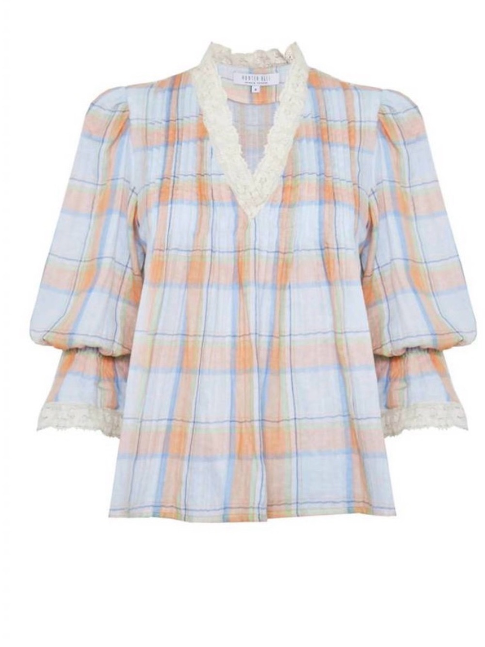 Hunter Bell Plaid Lace Trim Pintuck Peasant Blouse XS Cotton Pastel